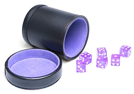 PU Leather Dice Cup Purple Velvet Lined Quiet Shaker with Lid Including 6 Purple Translucent Dice for Liars Dice Farkle Yahtzee Board Games