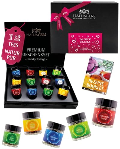 Hallingers Genuss Manufaktur Tee Muttertagsgeschenk-Set - 12 Sorten premium loser Tee Probierset in edler Geschenkbox mit Rezept-Booklet Danke Mama, Geschenkidee für Mama Oma