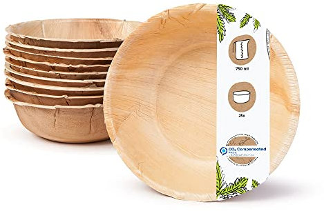 BIOZOYG 25x Cuenco de hoja de palma 750 ml redondo - Plato hondo desechable para sopa, cuenco para ensalada compostable - Vajilla de fiesta sostenible
