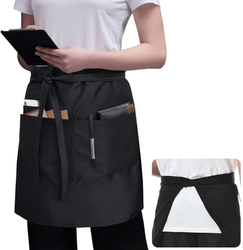ROTANET Server Apron 2 Pack Black with 3 Pockets 18 Inch Long Waiter Waitress Bistro Half Waist Aprons for Women Men Waterproof