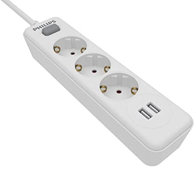 Philips SPN3032WA/10 - Regleta de 3 enchufes (230 V, con Puertos USB), Color Blanco