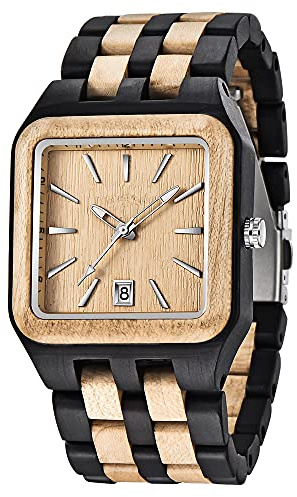 Tiong Reloj de Madera para Hombre, Hecho a Mano, Multicolor, de bambú, analógico, de Cuarzo, para Hombre, Wd204-black White, Pulsera