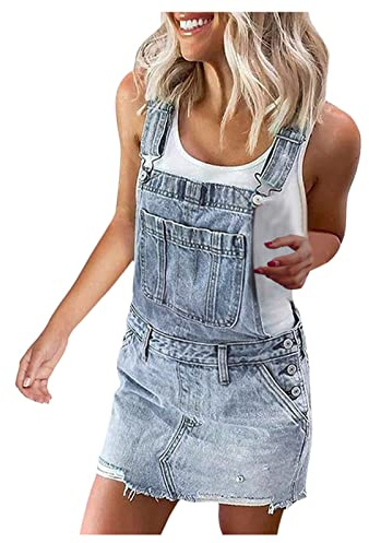 HOOUDO Summer Denim Dresses for Women Overalls Jeans Short Bib Dungarees Dress Casual Ripped Adjustable Straps Playsuits Rompers with Pockets Plus Size Blue
