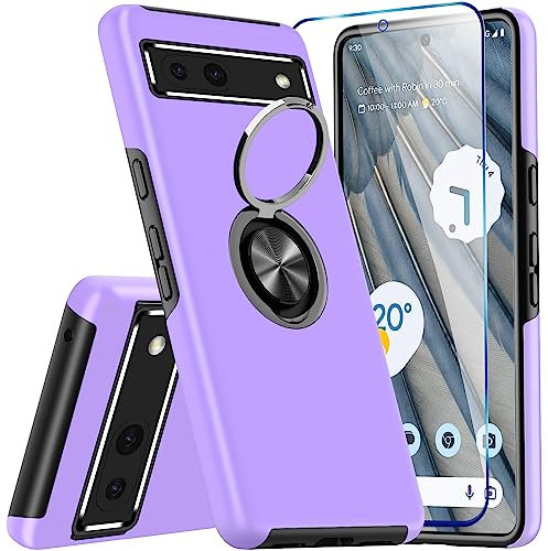 KRAFTCARE for Google Pixel 7a Case with Kickstand Ring and Screen Protector, Shockproof and Anti Scratch 360° Magnetic Ring Holder Stand Phone Cover for Google Pixel 7a - Purple