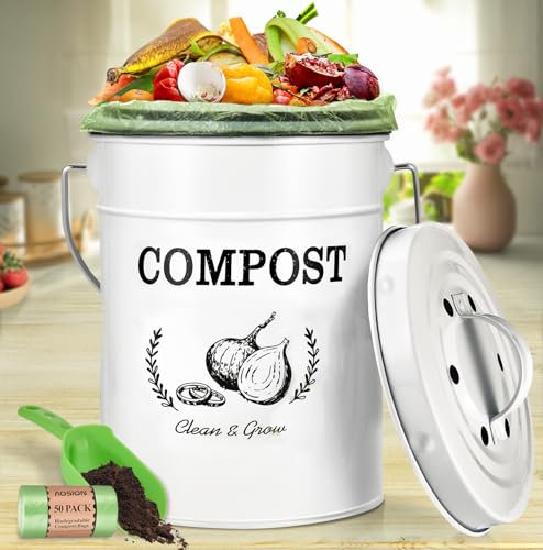 AOSION Countertop Compost Bin Kitchen,Odor Resistant Indoor Compost Bin with Lid and Compost Bags,Compost Bucket Composter Container for Food Waste,White