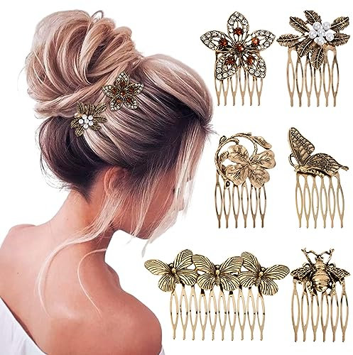 Lot de 6 Peignes Latéraux pour Cheveux Vintage Femmes Décoratifs, Peignes Latéraux Vintage En Métal Pour Femme Fille, Pinces à Cheveux en Métal avec Strass et Perles Dorées Rétro Cheveux de Mariée
