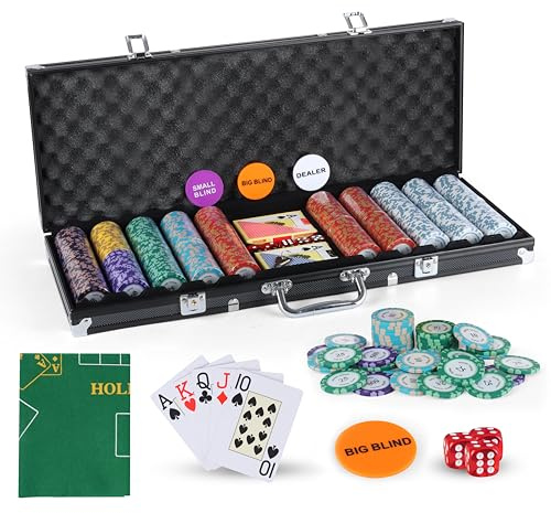 JUNGLE STONE Texas Holdem Poker Set with Deluxe Aluminium Case 500 Piece Pro. Quality Clay Metal Chips, 2 Decks of Pro. Plastic Playing Cards 5 Dice Dealer Big Small Blind Button Poker Chips Set
