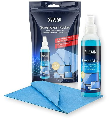 SUBTAN ScreenClean Pocket - Display-Reinigungsset für unterwegs - 100ml Display Reiniger + Display-Tuch 30x38 cm - Set für Smartphone und Tablet - Made in Germany