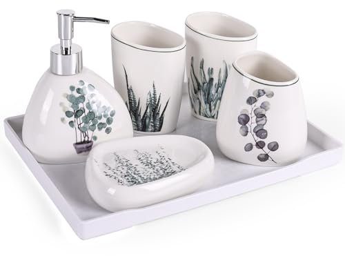 Juego de Accesorios de Baño Modernos - 6 Piezas de Lujo para Encimera, Incluye Dispensador de Jabón y Soporte para Cepillo de Dientes - Decoración Blanca