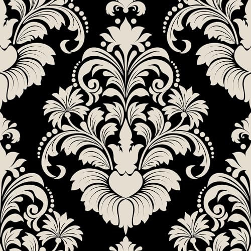 ReWallpaper Papel Pintado Pared Negro y Beige Papel Pintado Autoadhesivo Barroco Papel Vinilo Adhesivo Muebles Damasco Vintage para Salon Papel de Pared Autocolante Habitación 44.5CM×3M
