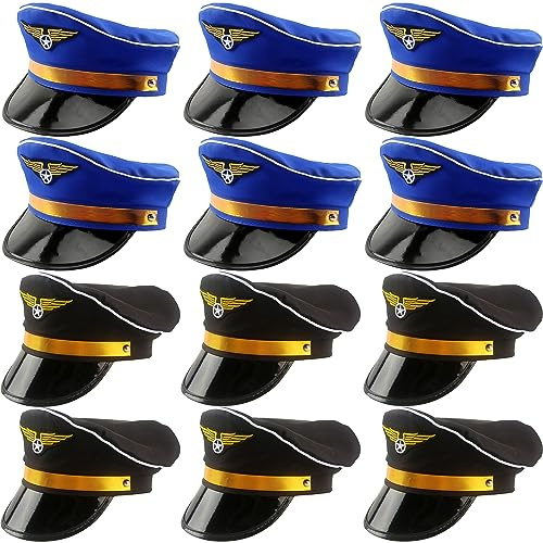 SGBETTER 12 Pack Pilot Hats Adjustable Airplane Cap Airline Pilot Hat for Adult Women Men Halloween Cosplay Party Dress up (Black, Blue)