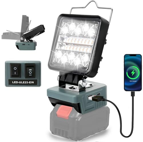 Battery Lamp for Einhell 18 V, 18 W 1800 LM LED Work Light, 140° Rotatable Portable LED Spotlight with 6 Brightness Modes, USB A & Type-C 2 Charging Ports, for Car Repair, Construction Site (No