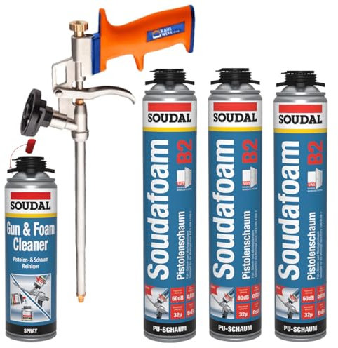 Hauswerk.shop PU Schaumpistole + SOUDAL Profi Pistolenschaum GUN B2 / 3 x 750 ml + Schaumpistole + Reiniger