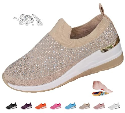 Sneakers da donna con zeppa glitterati con strass, alla moda, traspiranti, sneakers casual con zeppa e strass slip-on, sneakers con platform scintillanti, cachi, 0 UK Wide