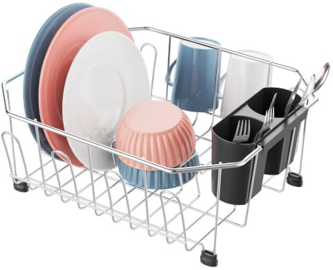 iSPECLE Small Dish Drainer for Kitchen Sink - Compact Stainless Steel Washing Up Rack with Cutlery Holder, Rust Resistant Wire Draining Board for Worktops, Caravans & Flats, 29.5 x 34 cm, Silver/Black