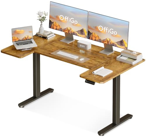 OffiGo Height Adjustable Desk, U Shaped Standing Desk with 3 Memory Presets | 140×70cm Electric Sit Stand Desk, Ergonomic Wrap Around Computer Table, Ultra Quiet Motor for Home Office Living Room, Brown