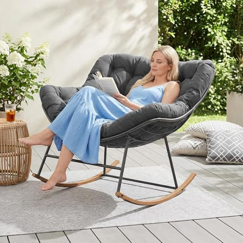 OKSTENCK Oversized Rocking Chair,Wide Rocking Lounger with Extra Thick Seat Cushion & Metal Frame,Indoor Outdoor Lounge Rocker Seat for Living Room Balcony Yard Porch.