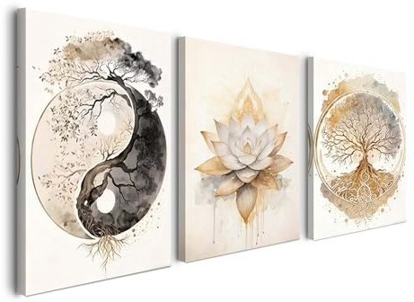 Alptiny Set Of 3 Canvas Wall Art Lotus Tree Of Life Artwork Framed Canvas Prints Wall Decoration For Living Room Bedroom Decor 30x40cm/12x16inch