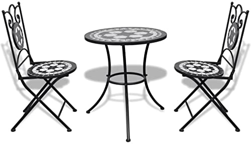 PUGYNBK Ensemble de bistrot mosaïque 3 pièces en céramique noir et blanc avec 1 table et 2 chaises, cadre en fer revêtu par pulvérisation, robuste et durable, surface en carrelage en céramique facile