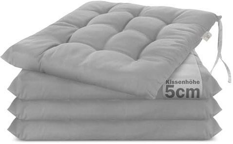 Brandsseller 4er Set Stuhlkissen 40x40x5 cm Sitzkissen Polster Stuhlauflage mit Haltebändern Dekokissen für Indoor Outdoor gesteppt - Hellgrau