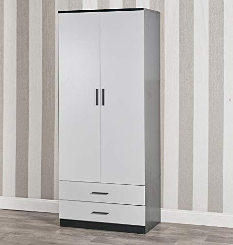 URBNLIVING Tall Wooden 2 Door Black Wardrobe With 2 Drawers Bedroom Storage Hanging Bar Clothes (Black Carcass + White Drawers)