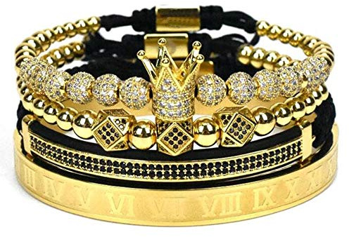Cutenation Imperial Crown King 18K Gold CZ Beads Bracelet Luxury Charm Fashion Bangle for Men Women (A Gold)