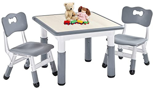 FUNLIO Kids Table and 2 Chairs Set, Height Adjustable Toddler Table and Chair Set for Ages 3-8, Easy to Wipe Arts & Crafts Table, for Classrooms/Daycares/Homes, CPC & CE Approved (3pcs Set) - Gray