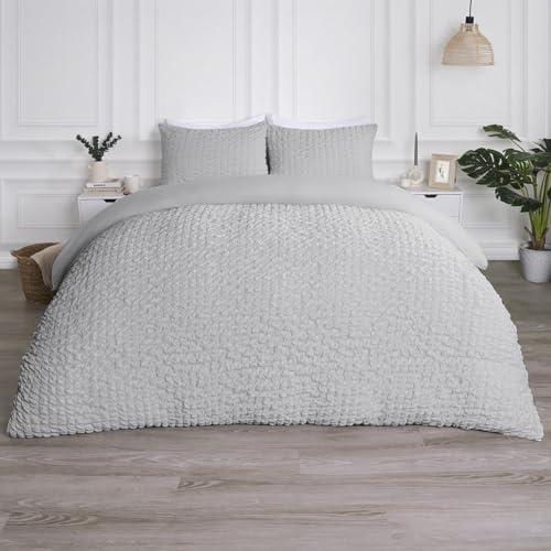 OHS Double Duvet Cover Set Grey, Waffle Bedding Geometric Duvet Covers with Pillowcases Luxury Embossed Seersucker Double Duvet Cover Super Soft Comfy, Grey