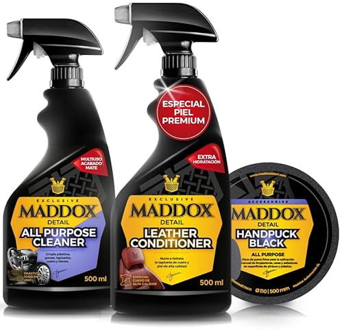 Maddox Detail - Pack de Cuidado Premium | 1 Leather Conditioner 500 ml, 1 Aplicador Handpuck Black y 1 All Purpose Cleaner 500 ml | Limpieza y Protección Completa | Alta Eficiencia y Fácil Aplicación