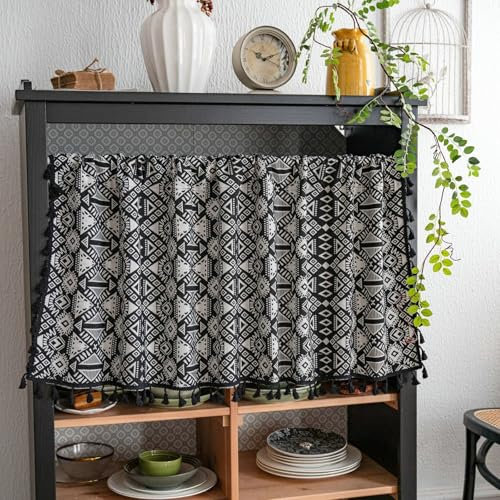 KnSam Skivgardiner barnrum kort, böhmisk stil geometrimönster med tofs skivgardiner mörk svart, 1 st spöficka polyester bomull gardiner vardagsrum dekoration, B x H 150 x 60 cm