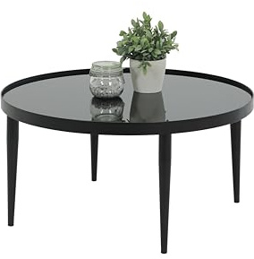 Hela Tische, Glascouchtisch Sofatisch Ron, Rund Ø80 cm, Glasplatte 8mm schwarz, Metallrahmen und Füße Schwarz