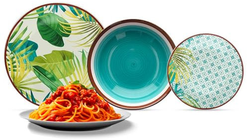 Avilia Servicio de mesa de 18 platos de porcelana resistente con diseño botánico tropical – Ideal para uso diario con platos llanos, hondos y de frutas – Versátiles y lavables en lavavajillas