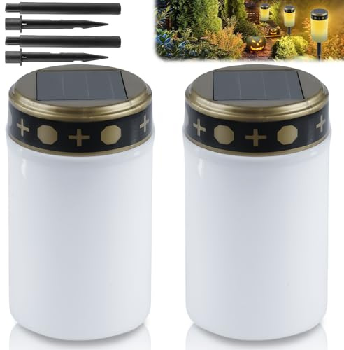 GBKDQQ Lot de 2 bougies funéraires solaires LED - Avec pointe de sol - Étanche - IP55 - Lumière funéraire - Lumière solaire - Pour extérieur - 7 x 12 cm