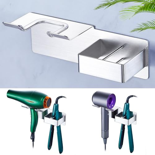 WAYASI Soporte de Pared para secador de Pelo sin taladrar, Soporte para secador y Plancha de Pelo, Almacenamiento para secador y Plancha de Pelo, Soportes autoadhesivos para secador de Pelo, Plateado