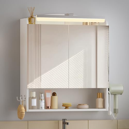 Hzuaneri Spiegelschrank Bad mit Beleuchtung, Badezimmerschrank mit Spiegel, Wandschrank, Haartrockner-Halter und Haken, mit Stecker, Verstellbarer Etagen, Weiß, 16,5 x 60 x 68,5 cm MC10003XEU