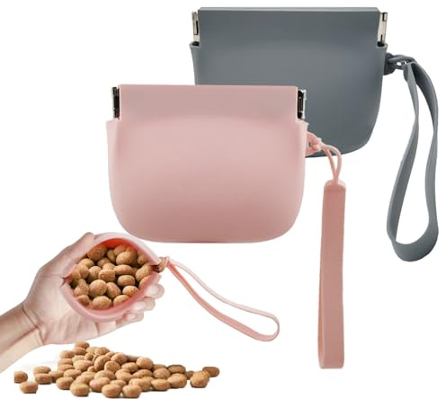 WoYous 2 Pieces Silicone Dog Treat Bag Mini Portable Pet Snack Pouch with Auto Close Feature Feed Snack Reward Dog Treat Pouch Pocket Size Easy to Clean for Pet Travel or Outdoor Use (Pink & Grey)