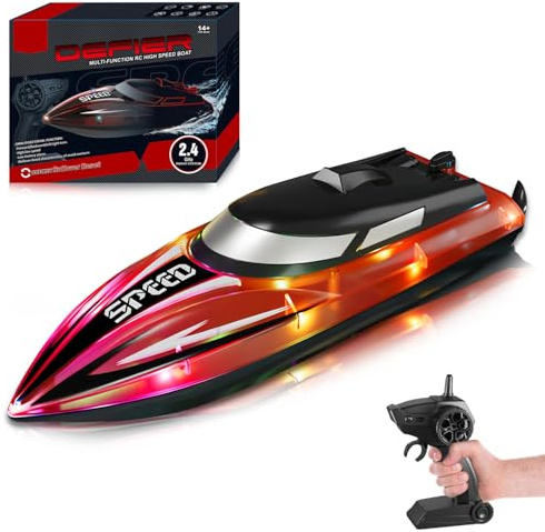 RoserRose Bateau télécommandé, bateau radiocommandé, avec éclairage LED, télécommande 2,4 G, double moteur, étanche et protection anti-basculement, bateau à moteur télécommandé pour enfants, avec 2