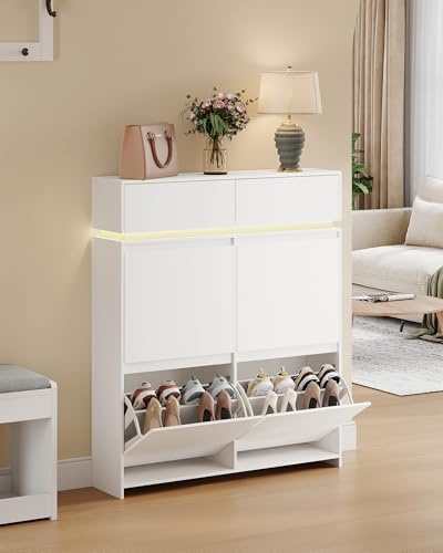 Hzuaneri Schuhschrank, Schuhkipper Schmal mit LED-Leuchten, Schuhregal, Verstellbare Ablagefläche, 20 Paar, 4 Klappen(100B cm), Schuhaufbewahrung für Eingang, Flur, Weiß SR53603XEU