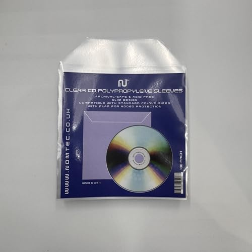 Nomtec CD Sleeves with Flap – Clear Protective Covers for CDs, DVDs & Blu-Rays – Pack of 100 – Scratch-Resistant, Dustproof, Acid-Free, Anti-Static, Slim Storage Organiser