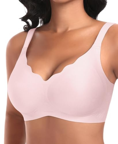 Ganado Jelly Bras for Women Wireless Seamless Bra Non Wired Gel Push Up Support Bras Scalloped Padded T Shirt Full Coverage Bra #2 Pink-Scalloped, Large
