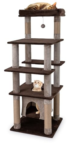 COSTWAY Katträd, 148 cm, kattträd med svängande kattgrotta, stor bas, stor liggsäng, klösstolpar, boll och plattformar, stabilt klösträd, klätterträd, beige + brun
