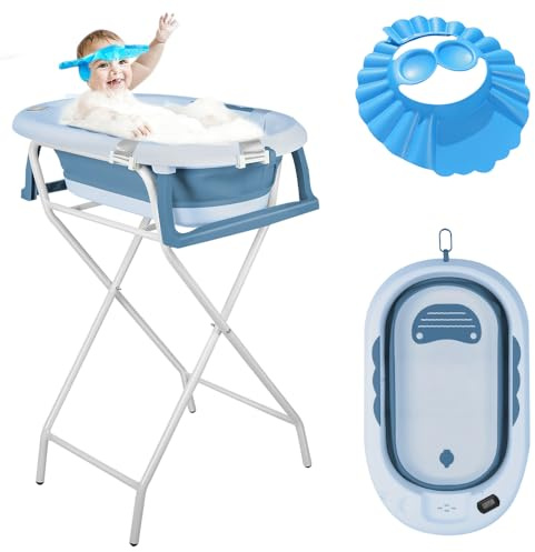 Homewell XXL - Vasca da bagno per bambini, pieghevole, con cuscino di supporto, termometro per acqua e risciacquo, testa per bebè, 82 x 42 x 22 cm (blu)