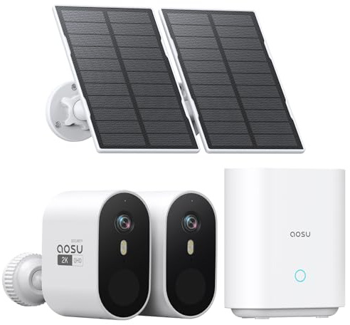 aosu 2K Caméra Surveillance WiFi Extérieure sans Fil, 2 Caméras et aosuBase 32GB Stockage Local, Aucun Abonnement Requis, Détection PIR, Vision Nocturne en Couleur, 2-Way Audio, Angle 166°