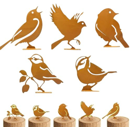Luxorium Set da 5 Decorazioni da Giardino con Uccelli in Metallo Ruggine per Esterni Resistente alle Intemperie Stecche da Giardino Uccelli Ornamentali per Recinzione Albero Palo