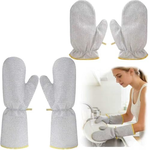 2Pairs Steel Wire Dishwashing Gloves - Heavy Duty Scrubber Long & Short Kitchen Gloves for Washing Dishes, Pans, Pots - Washing Up Gloves for Bathroom Tile Pot Scrubbing Counter Wall (1 Long 1 Short)