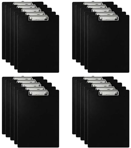 20 Piezas Portapapeles con Pinza A4, Carpeta de Plástico, Tablero de Escritura con Ganchos Retráctiles, PVC Negro formato vertical Portapapeles para Oficina, Hospital, Aulas
