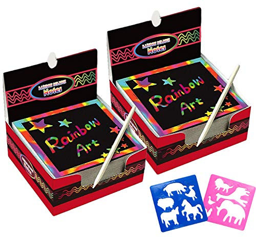 Scratch Art 200 Blätter mit 10 Schablonen 2 Blaue Stifte, Kratzbilder Kratzpapier Notizblock Skizzieren DIY Kunst Zeichnung Basteln Malerei Cool Bunt Geschenk Bücher (Basic)