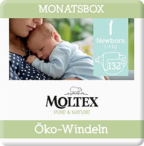 Moltex Pure & Nature Öko Windeln Größe 1 Newborn (2-5 kg) Monatsbox - 132 Bio Windeln