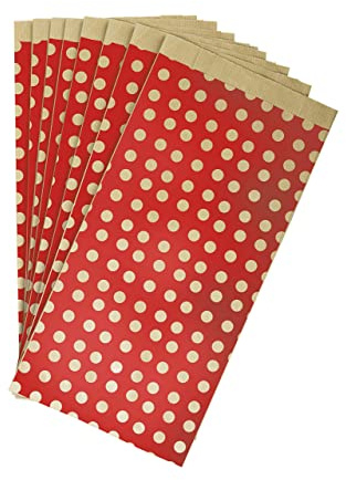 Clairefontaine 394110C - Un Sachet De 50 Pochettes Kraft - 15x31+6cm - Motif : Pois Sur Fond Rouge - Idéal Pour : Confiseries, Bonbons, Livre, Bijoux, Emballage Cadeaux, Pochette cadeau Kraft