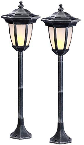 Lunartec Standlaterne Garten: 2er-Set Solar-LED-Standlaterne mit Flammeneffekt, 64 cm Höhe, IP44 (Solar Garten, Wegeleuchte, Kabellose Lampen)